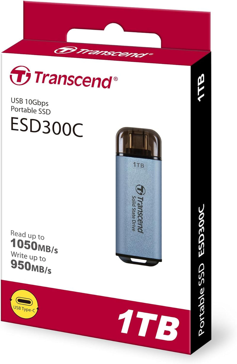 Transcend Portable SSD ESD300C 1TB USB Typ-C 10 Gbit/s PS4/PS5-kompatibel, Blau – TS1TESD300C