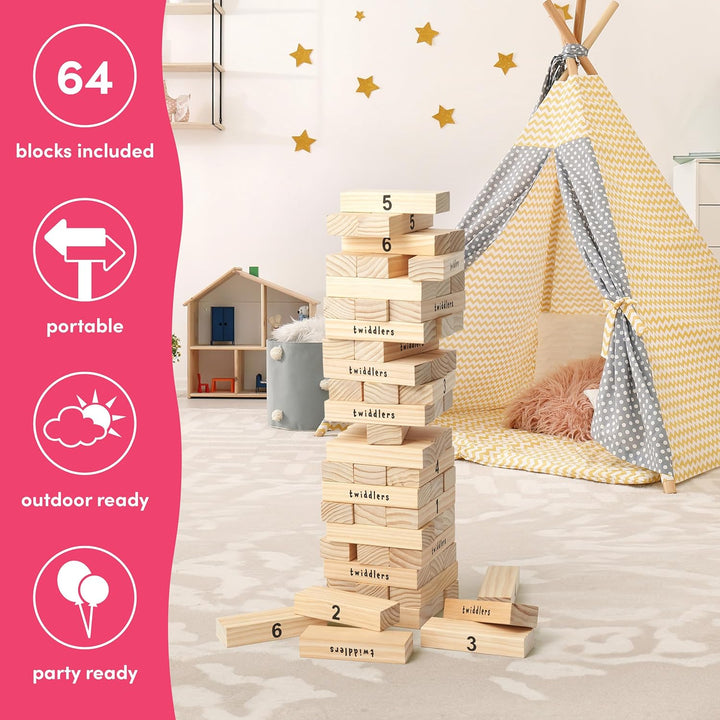 THE TWIDDLERS - Grosser Tumble Tower Garten-Rasen-Spiel, 64 Holzklötze, stapelt bis zu 1.2m hoch - B