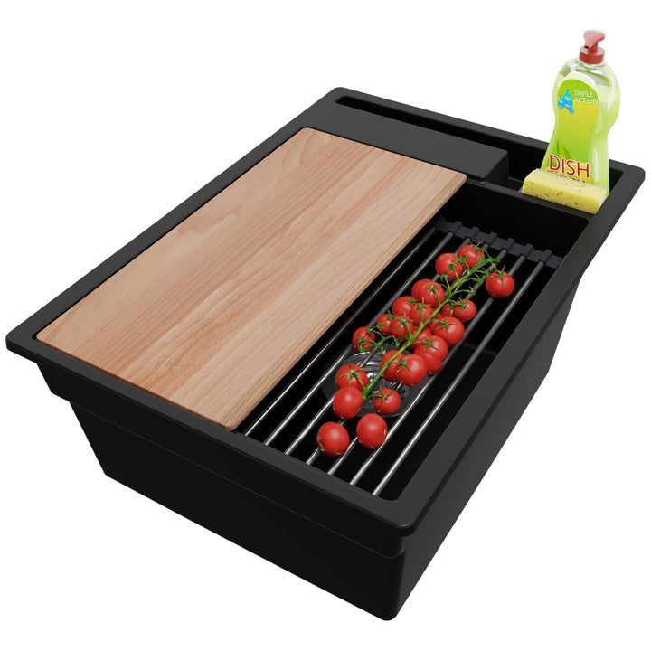 Spülbecken Schwarz 38x53cm, Granitspüle 1 Becken + Ablauf-Set + Küchenzubehörset, Küchenspüle ab 40e