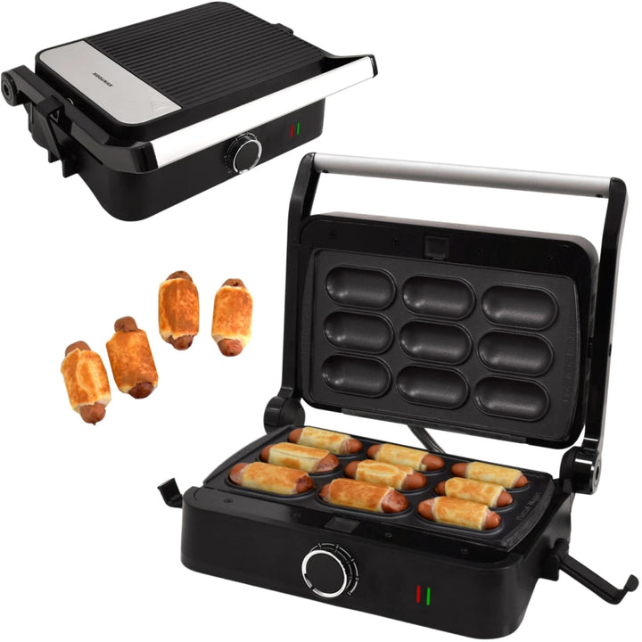 Syntrox Brezel Nugget Kombigerät Multifunktionsmaker mit Wechselplatten, Kontaktgrill Edelstahl, Mul