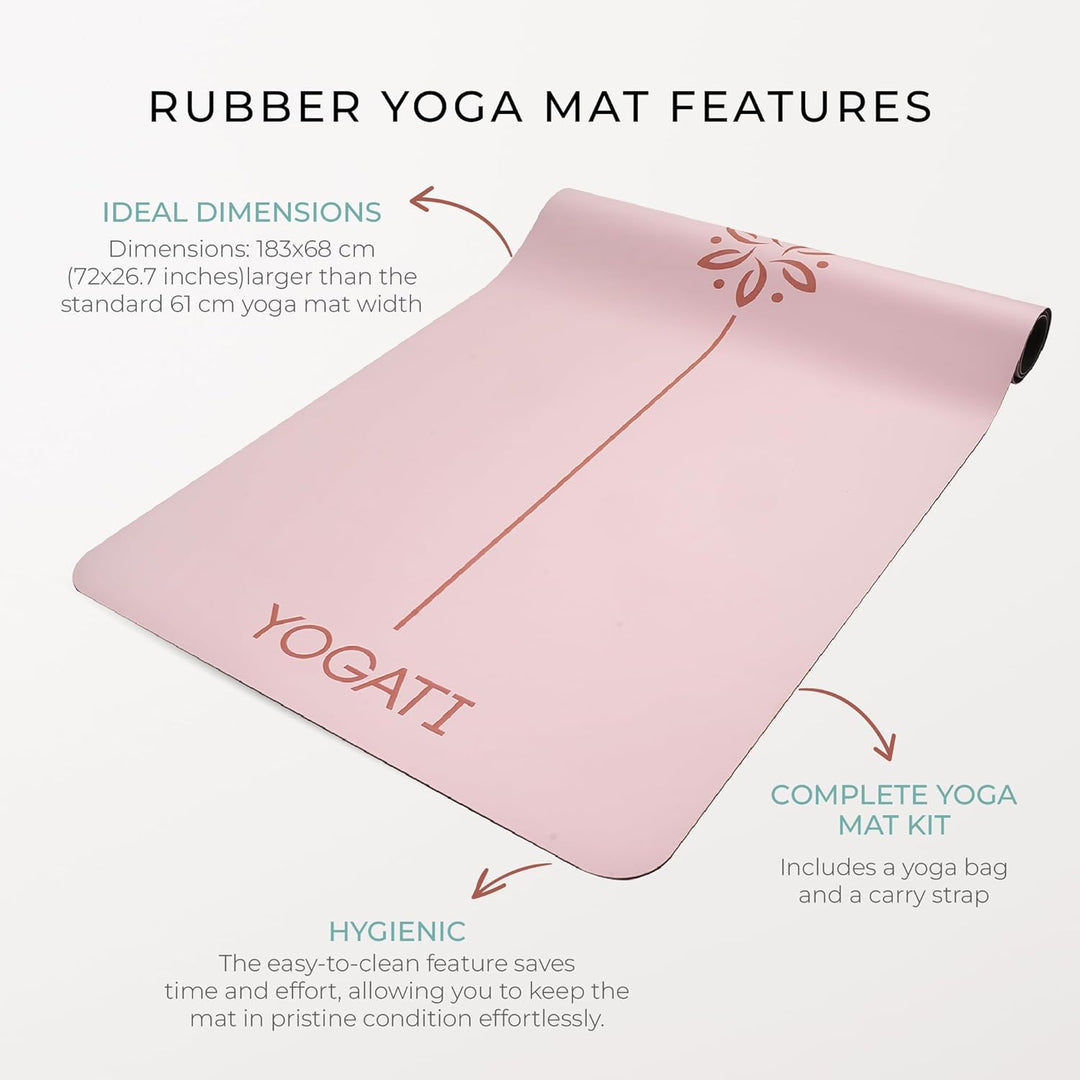 YOGATI® Yogamatte rutschfest Naturkautschuk mit Tasche - Yoga Matte gross mit Markierung, Sportmatte
