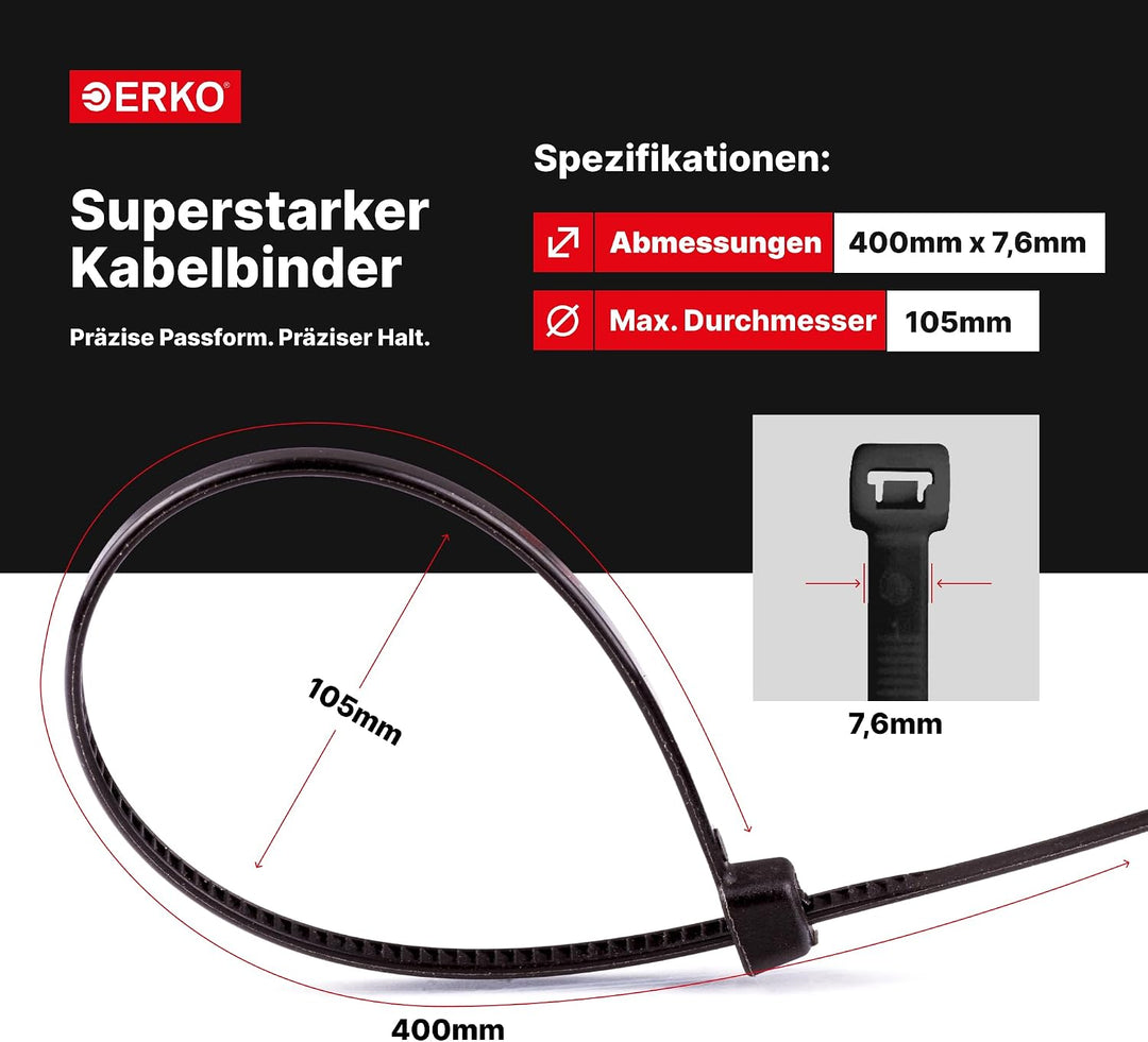 ERKO Kabelbinder Schwarz 400 x 7,6 mm 100 Stück UV-Beständig 55kg Zugfestigkeit für Kabelmanagement