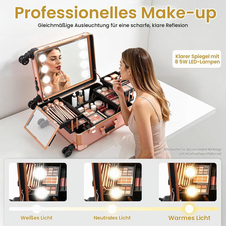 Kosmetikkoffer Trolley Schminkkoffer mit Beleuchtung &amp; Spiegel, Make up Koffer mit verstellbare Bein