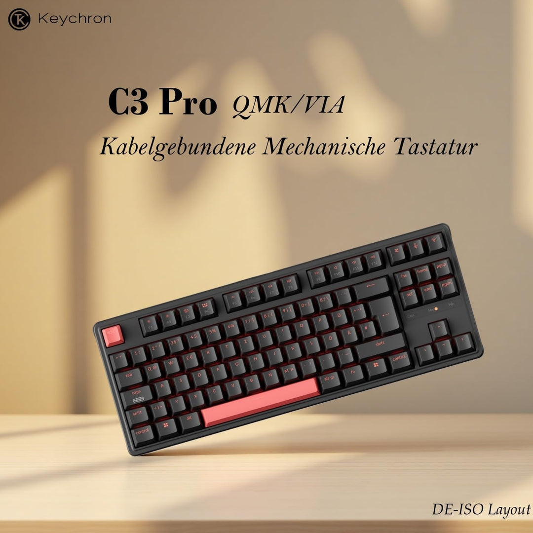 Keychron C3 Pro QMK/VIA Trådbundet Mekaniskt Tangentbord, Programmerbart, DE-ISO TKL Layout 87 Tange