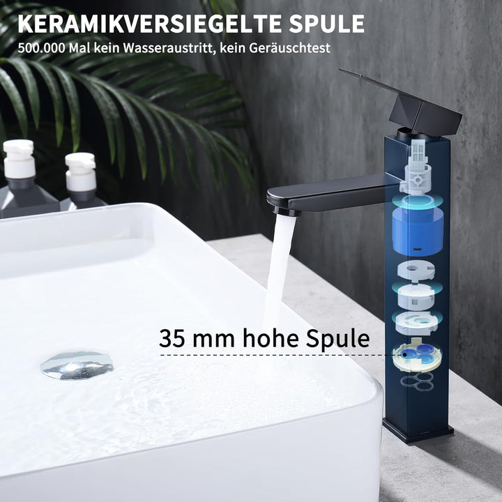 HOMELODY Wasserhahn Bad Schwarz Hoch, Waschtischarmatur Hoch Mischbatterie Waschbecken mit Höhe 295m