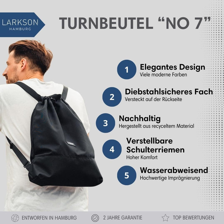 LARKSON Turnbeutel Damen &amp; Herren Schwarz - No 7 - Rucksack Damen für Sport und Festival - Beutel Ru