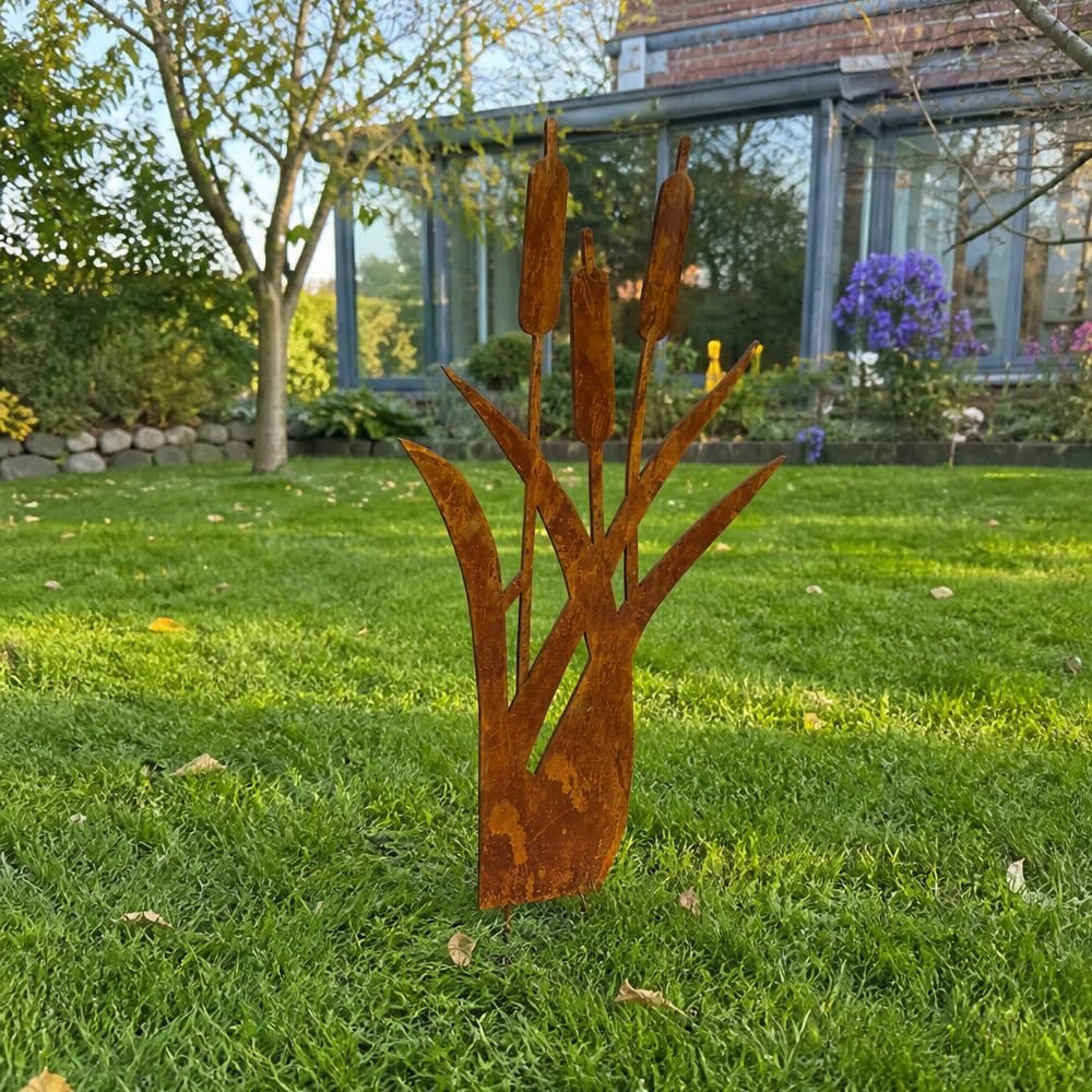 Gartenstecker Rost Schilfgräser, Gartenstecker Metall, Gartendeko Rost für Draussen, Edelrost Garten