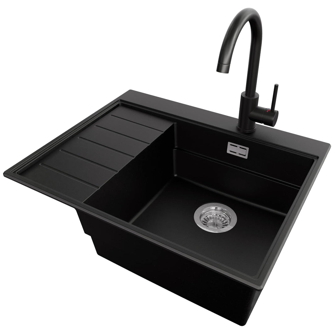 PRIMAGRAN Granitspüle Schwarz 62x50cm, Spülbecken 1 Becken + Küchenarmatur 32x20cm + Ablauf-Set, Küc