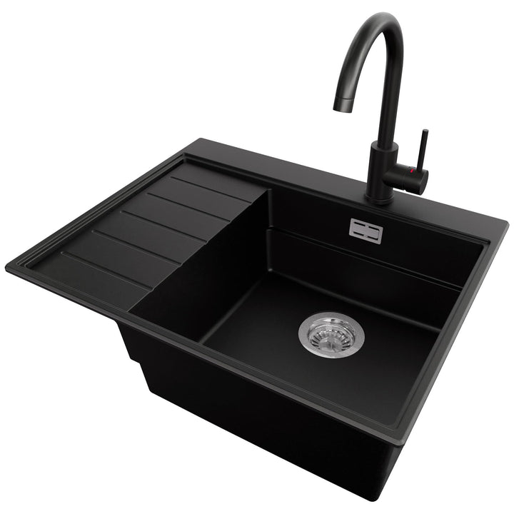 PRIMAGRAN Granitspüle Schwarz 62x50cm, Spülbecken 1 Becken + Küchenarmatur 32x20cm + Ablauf-Set, Küc