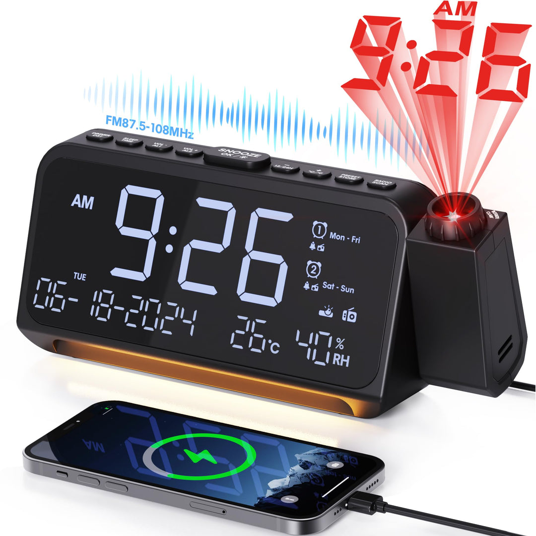 Mesqool Radiowecker mit 320° Projektor, Digitaluhr für Schlafzimmer, USB/Type-C-Anschluss, Doppelala