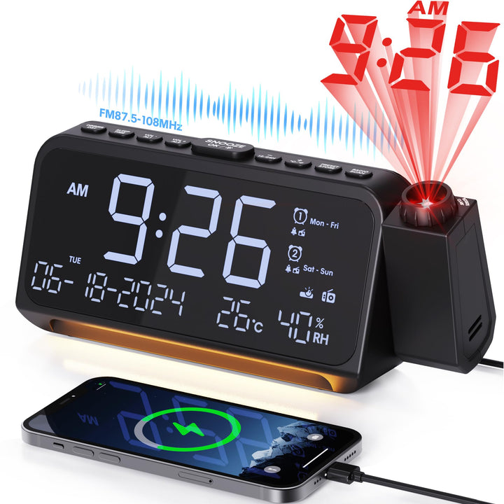 Mesqool Radiowecker mit 320° Projektor, Digitaluhr für Schlafzimmer, USB/Type-C-Anschluss, Doppelala