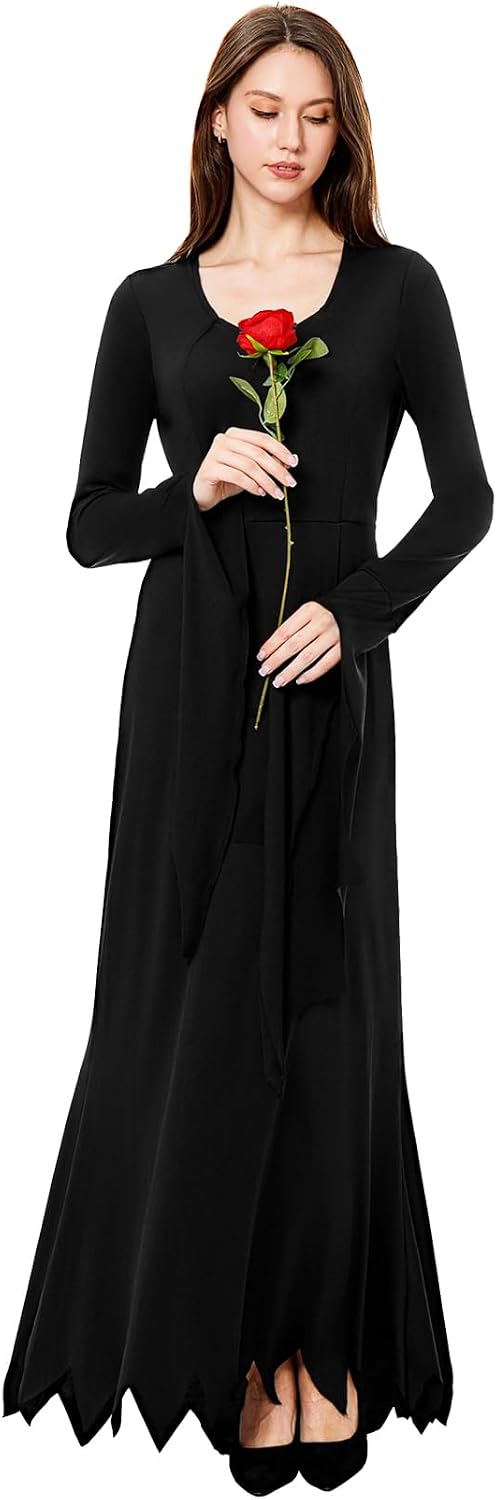 Joykindom Damen Morticia Addams Kostüm Karneval Hexenkleid Gothic Addams Kostüm Schwarz Lange Kleid