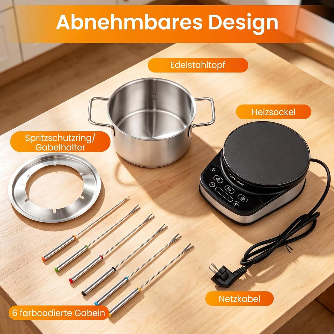 COSTWAY Elektrisches Fondue Set, 1200W Fondueset mit abnehmbarem 3L Edelstahltopf, 6 farblich markie