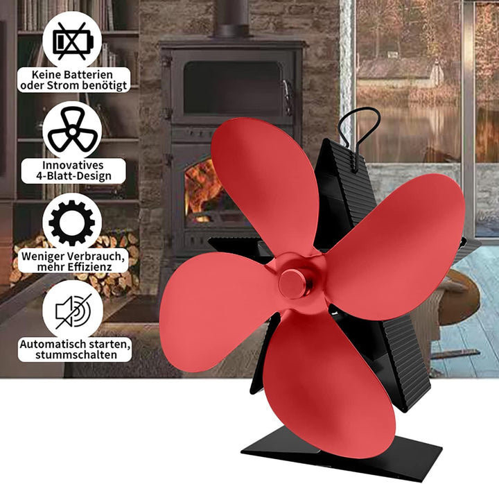 Kaminventilator, Lüfter mit 4 Blättern, hitzebetrieben Ofenventilator, der warme Luft zirkuliert und