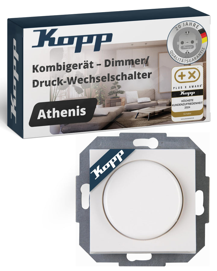 Kopp Athenis rein-weiss, Druck-Wechsel-Schalter, Kombigerät, LED-Dimmer, für Glüh-Lampen, 230V Halog