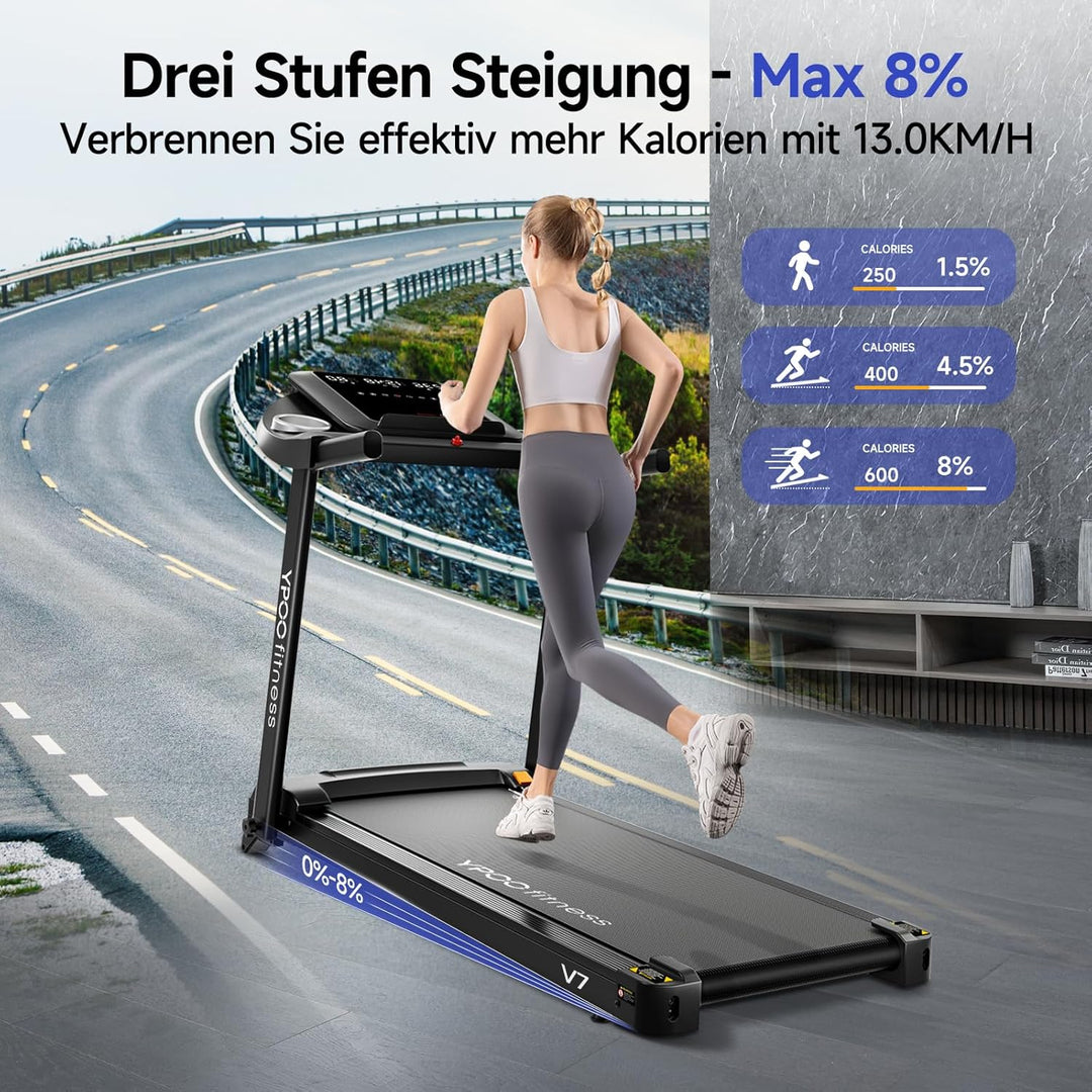 YPOO Laufband für Zuhause, Laufband Klappbar mit Steigung 8%, Laufbänder Leise bis 13km/h mit Grosse