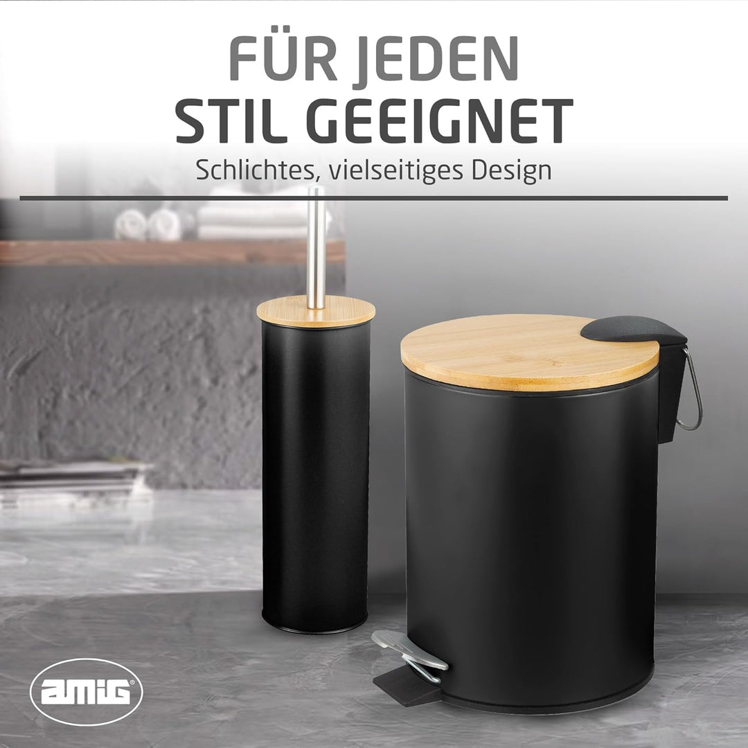 Amig - Set aus Mülleimer und WC-Bürstenhalter Naturline - Ø168 x 230 mm - Edelstahl und Bambus - Far
