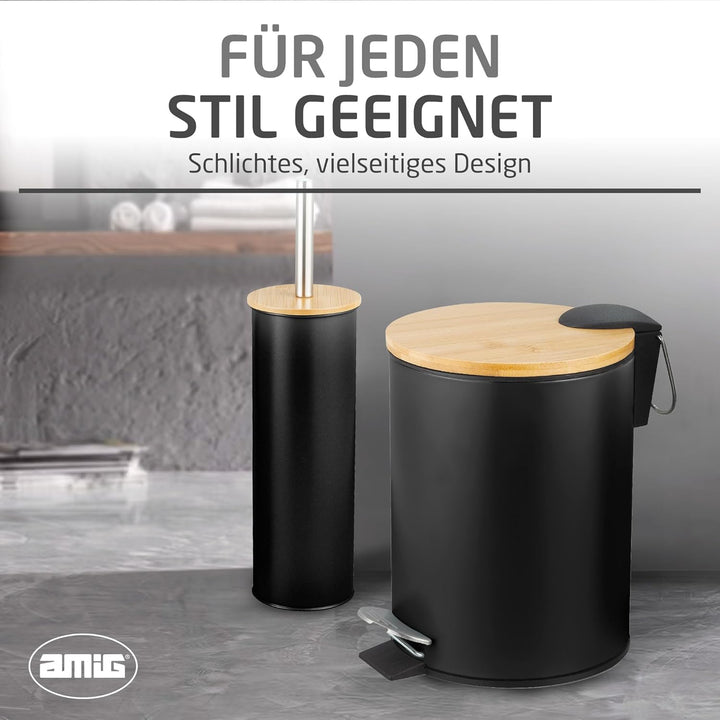 Amig - Set aus Mülleimer und WC-Bürstenhalter Naturline - Ø168 x 230 mm - Edelstahl und Bambus - Far