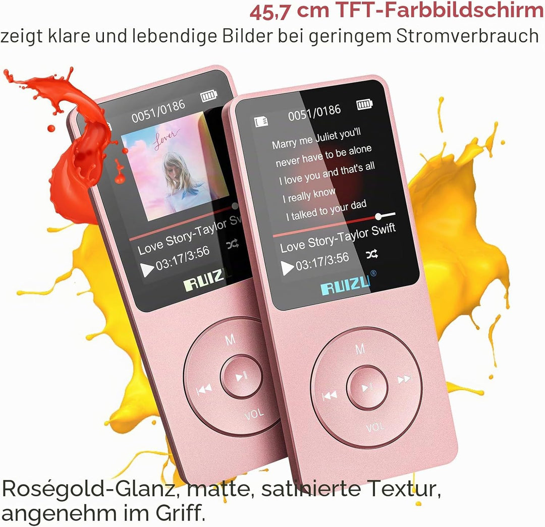 32GB MP3 Player mit Bluetooth 5.3, Ultraleicht (30 Gramm), bis zu 80 Stunden Akkulaufzeit, 1.8-Zoll-
