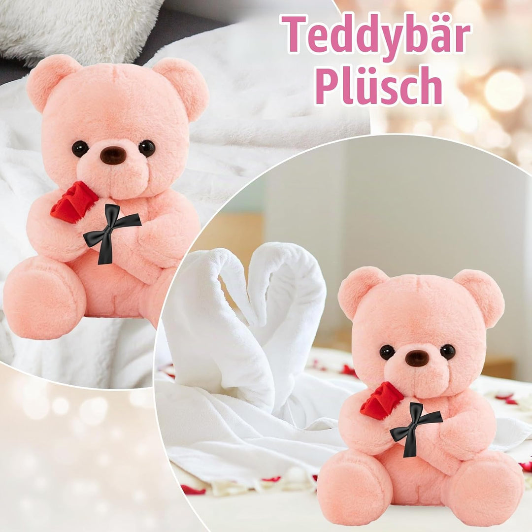Teddybär mit Rose, Hochzeitstag Geschenke für Frauen, 25cm Rosa Plüschtier Süsse Kuscheltier Teddy m