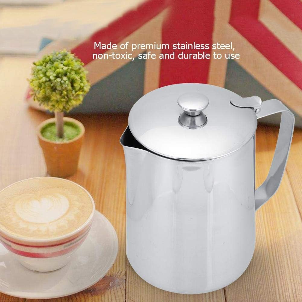 Fdit Edelstahl-Krug Kaffeetasse Milchbecher Krug mit Deckel für Latte Coffee Art für Büro Küche (Sil