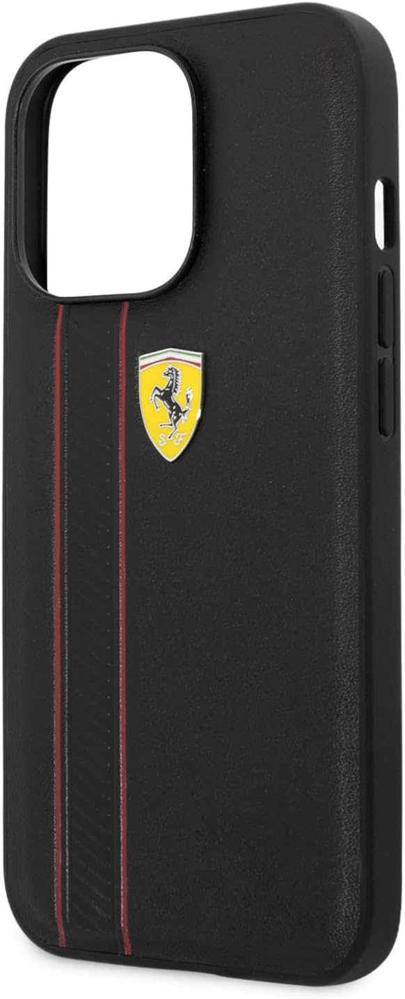 CG MOBILE Ferrari Schutzhülle für iPhone 13 Pro in Schwarz mit zwei roten Linien, Echtleder-Schutzhü