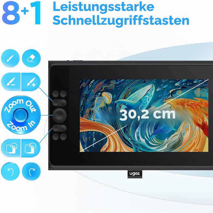 UGEE 147 % sRGB Grafiktablett mit UE12P-Display, 11,9 Zoll (29,5 cm), blendfrei, Grafiktablett ohne