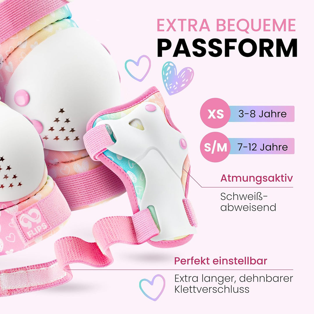 99FLIPS Inliner Schoner Kinder Set - TÜV Rheinland GS Zertifiziert [6er Set] mit Einhorn Beutel für