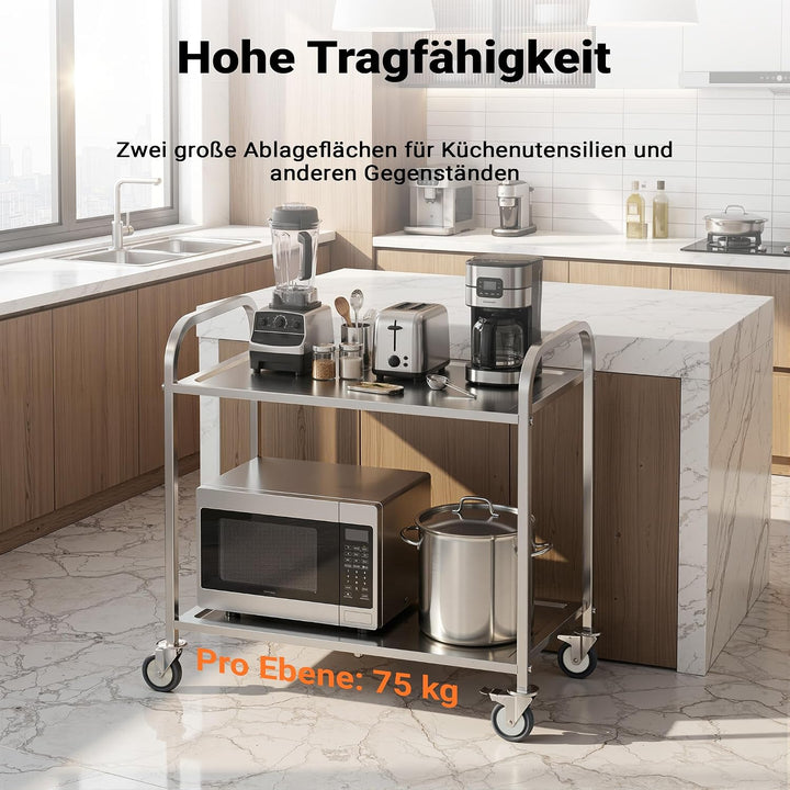 Wiltec Edelstahl Servierwagen 2 Etagen bis 150kg Küchenwagen Rollwagen Leichtlaufräder mit Bremsen,