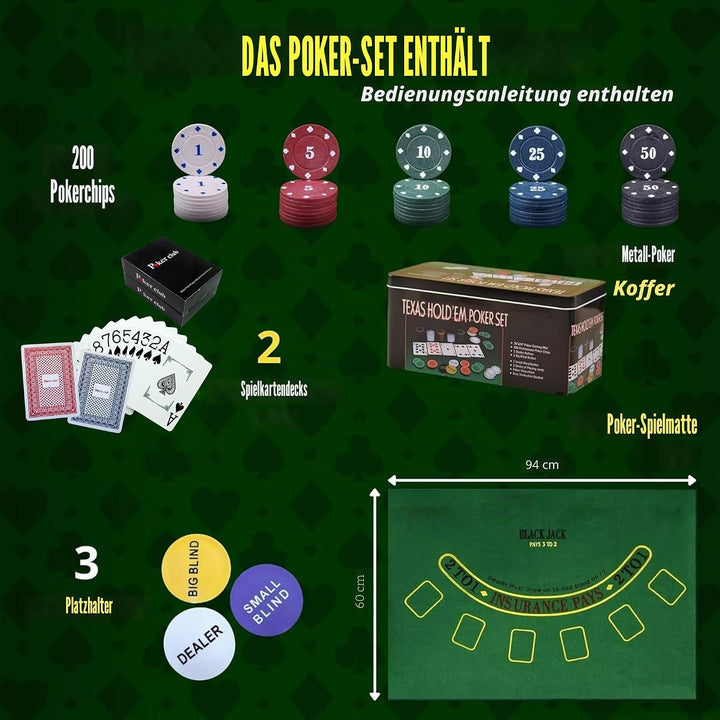 Poker Set für Pokerspiel. Robustes Kartenspiel und Pokerkoffer. Werde der Meister des Zufalls mit di