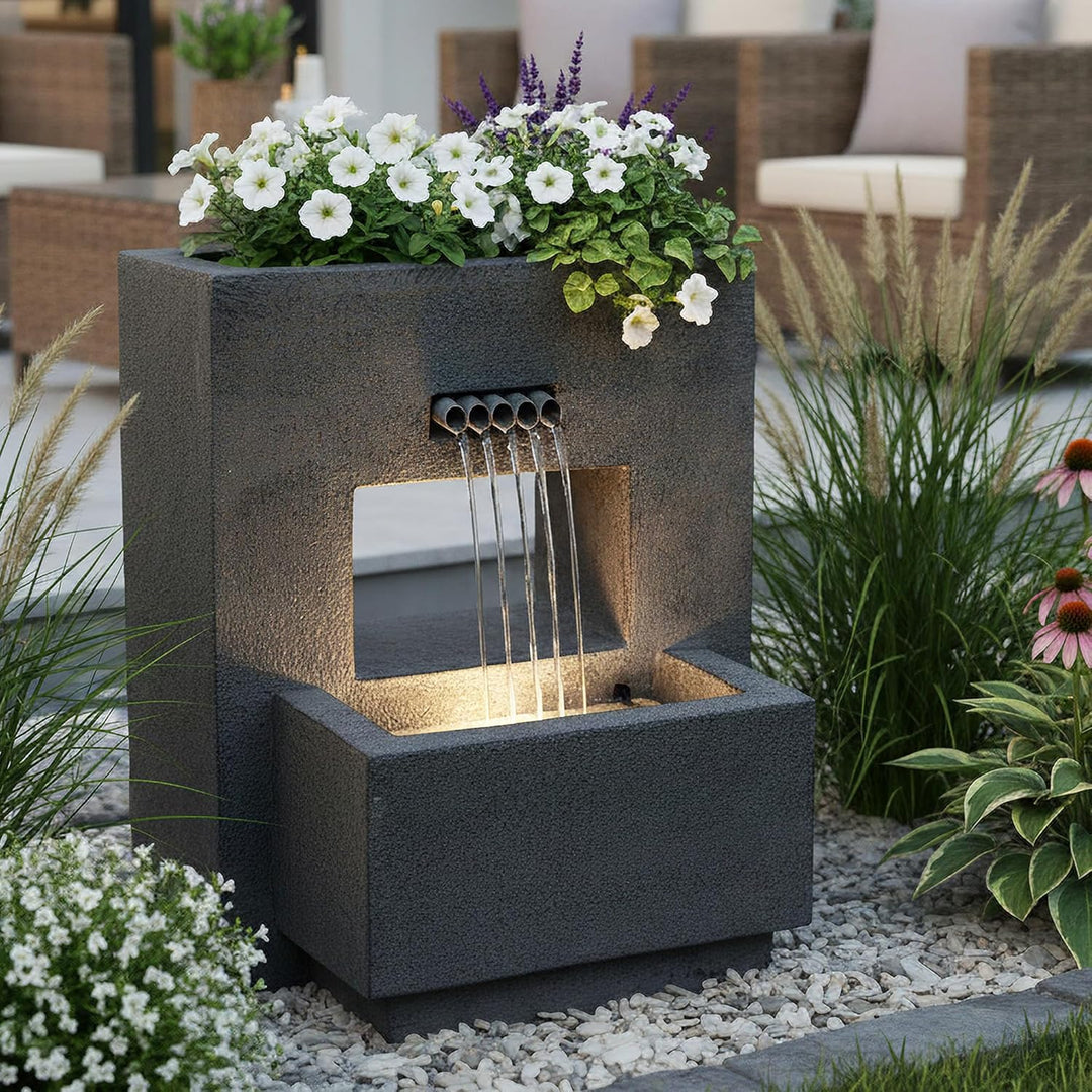 Gartenbrunnen mit Beleuchtung bepflanzbar Betonoptik 57 cm Springbrunnen Wasserspiel warmweiss Kaska