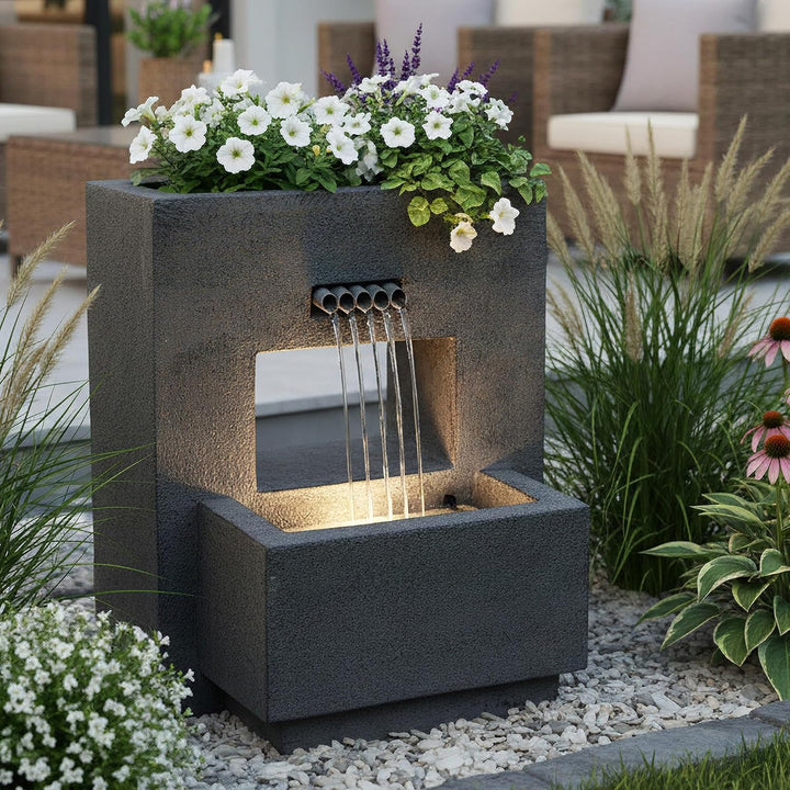 Gartenbrunnen mit Beleuchtung bepflanzbar Betonoptik 57 cm Springbrunnen Wasserspiel warmweiss Kaska