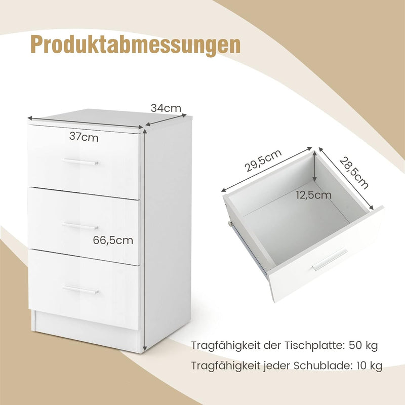 COSTWAY Nachttisch mit 3 Schubladen, Hochglanz Nachtschrank, Nachtkommode für Boxspringbett, 37 x 34