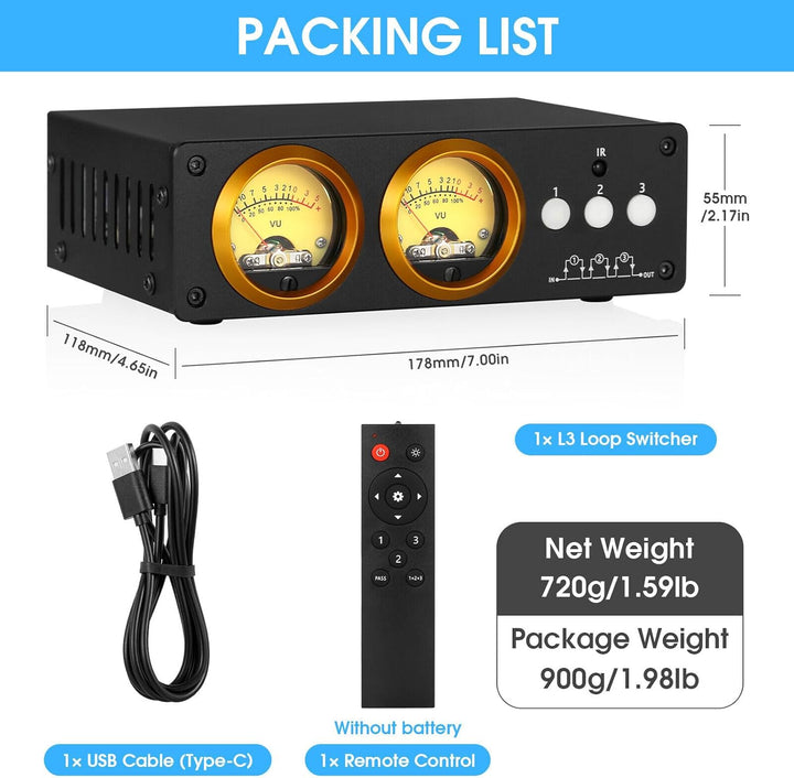 Douk Audio L3 3-Kanal Loop Switcher Audio Selektor Box Duales VU Meter Splitter with IR Remote