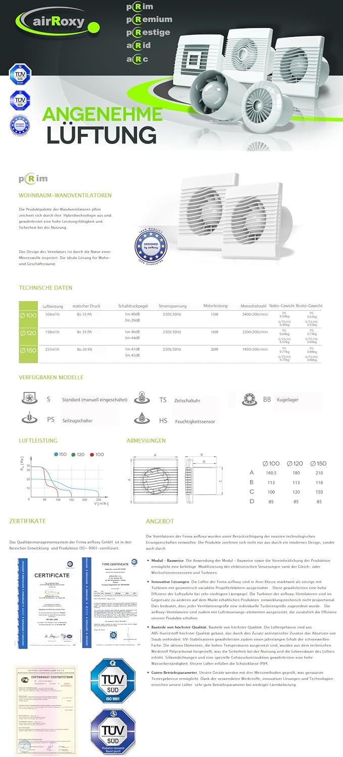 Lüfter Raum innen Ventilator Kleinraum WC Bad Küche 100mm 10 cm mit Zugschalt...