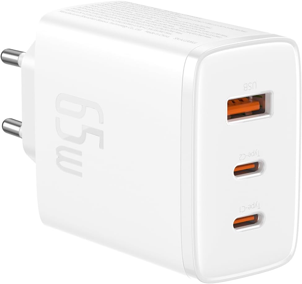 Baseus USB C Ladegerät, 65W USB C Netzteil 3-Port PD Ladegerät mit PPS, GaN Schnellladegerät kompati