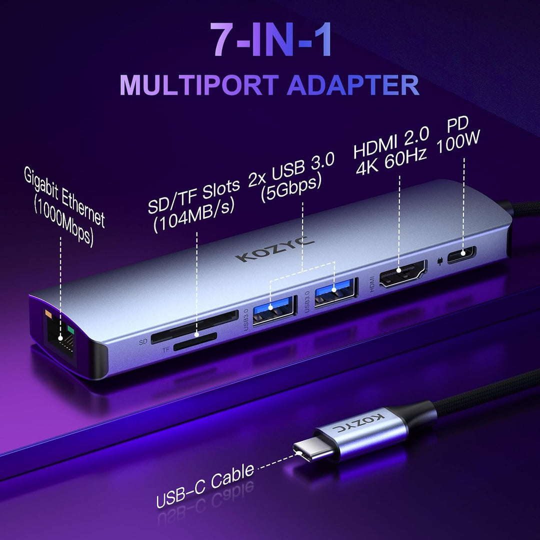USB C Hub HDMI Ethernet, KOZYC 7 in 1 USB C Hub HDMI 4K @ 60Hz, 1Gbps Ethernet, 100W PD Charging, 2