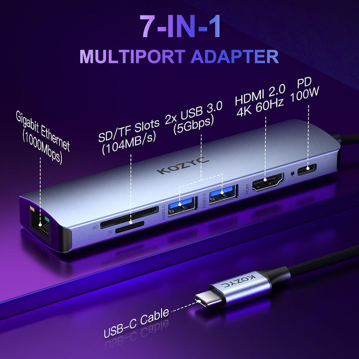 USB C Hub HDMI Ethernet, KOZYC 7 in 1 USB C Hub HDMI 4K @ 60Hz, 1Gbps Ethernet, 100W PD Charging, 2