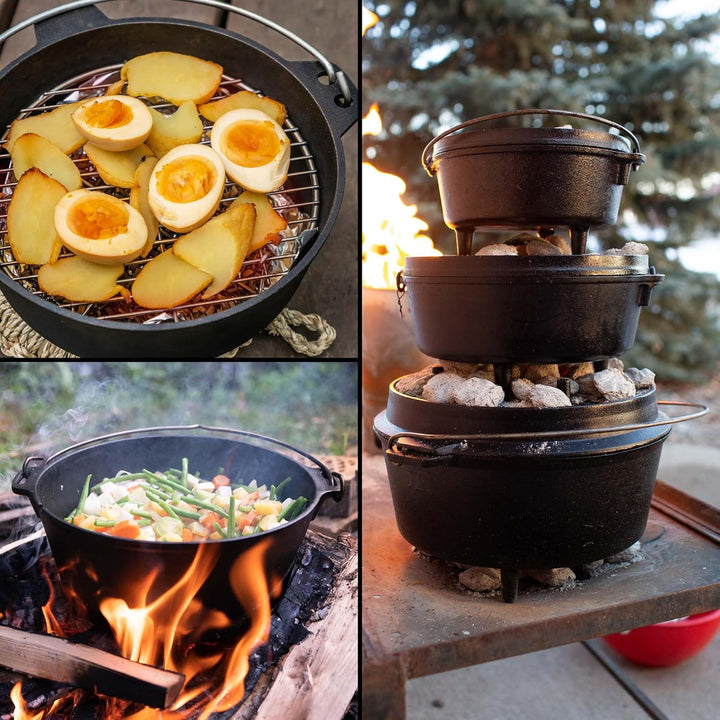 Dutch Oven 6l mit Untersetzer und Deckelheber, Kochtopf aus Gusseisen für Lagerfeuer und Camping