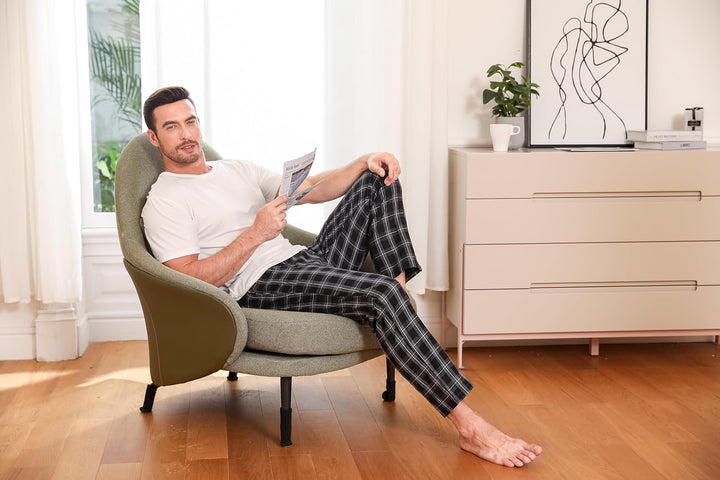 Winovia Herren Schlafanzughose Lang Baumwolle Karierte Pyjamahose Lounge Hose Pyjamaunterteil Freize