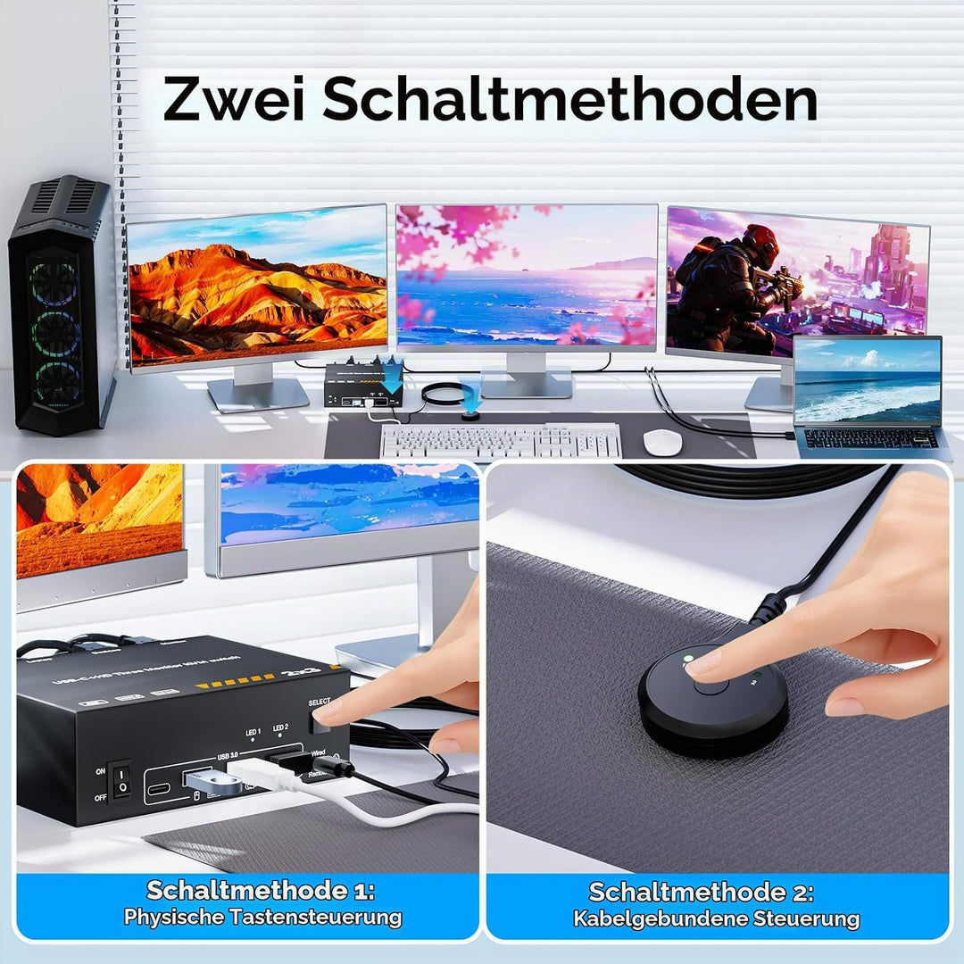 KVM Switch 3 Monitore für 1 Laptop und 1 Desktop 4K@60Hz, HDMI + USB C KVM Umschalter Dockingstation