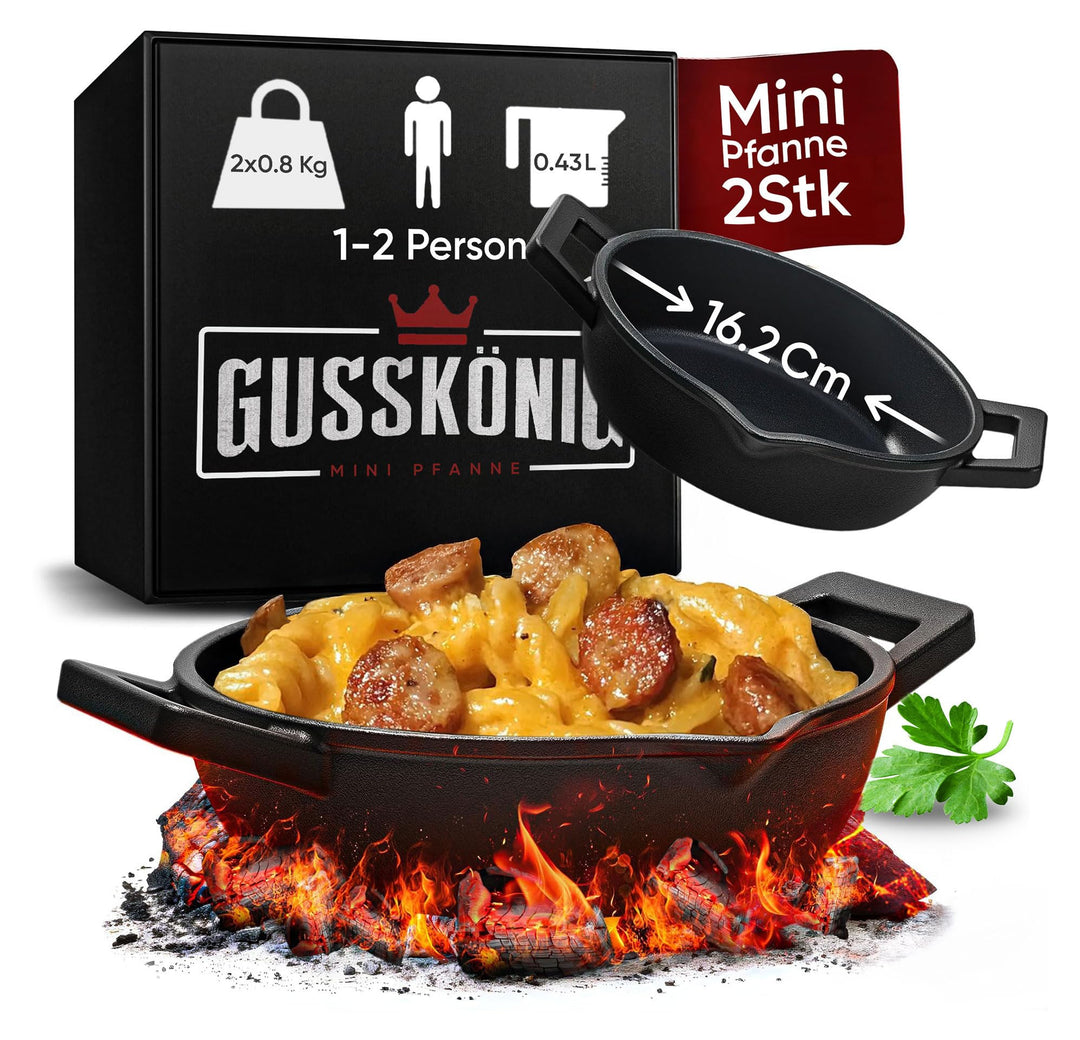 GUSSKÖNIG Gusseisen Grillpfännchen für Grill (2er Set) - Gusseisenpfanne klein Ø 11 cm - 2x kleine P