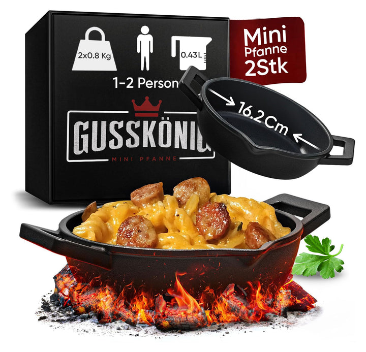 GUSSKÖNIG Gusseisen Grillpfännchen für Grill (2er Set) - Gusseisenpfanne klein Ø 11 cm - 2x kleine P