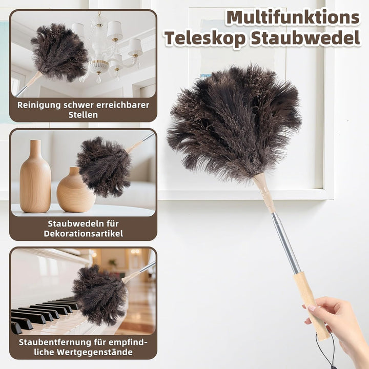 Staubwedel Straussenfedern, Staubwedel Teleskop Waschbar, Ausziehbar bis 125cm für Decken & empfindl