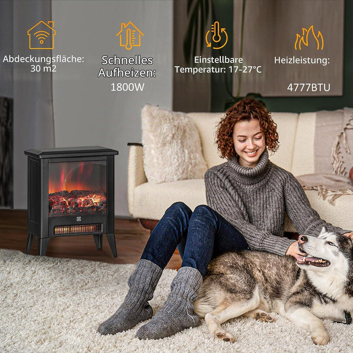 HOMCOM Elektrokamin Elektrischer Kamin mit Heizung, LED-Flammeneffekt, 1800 W Standkamin mit niedrig