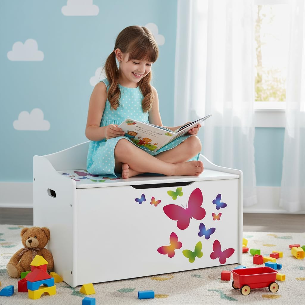 Leomark Kinderbank Hölzerne - Schmetterlinge XL - Kindertruhenbank, Behälter für Spielzeug, Truhe fü