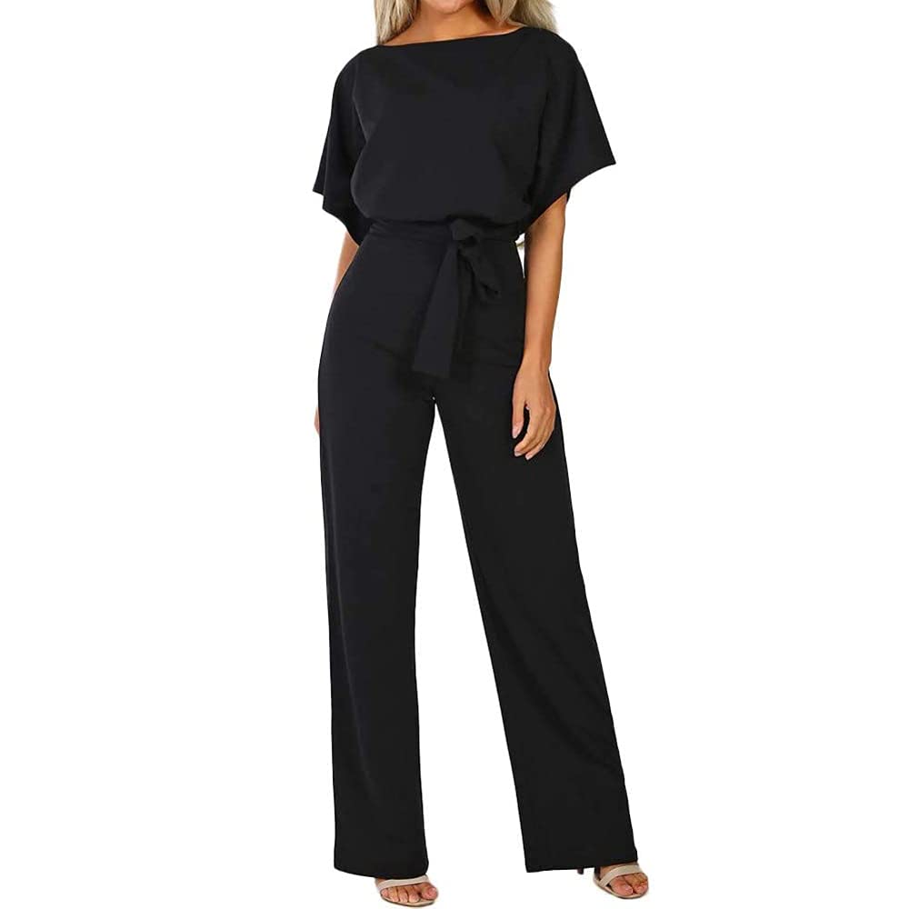 Damen Lang Jumpsuit Overall Hosenanzug Elegant Romper Kurzarm Rundhals Playsuit mit Gürtel Hosenanzu