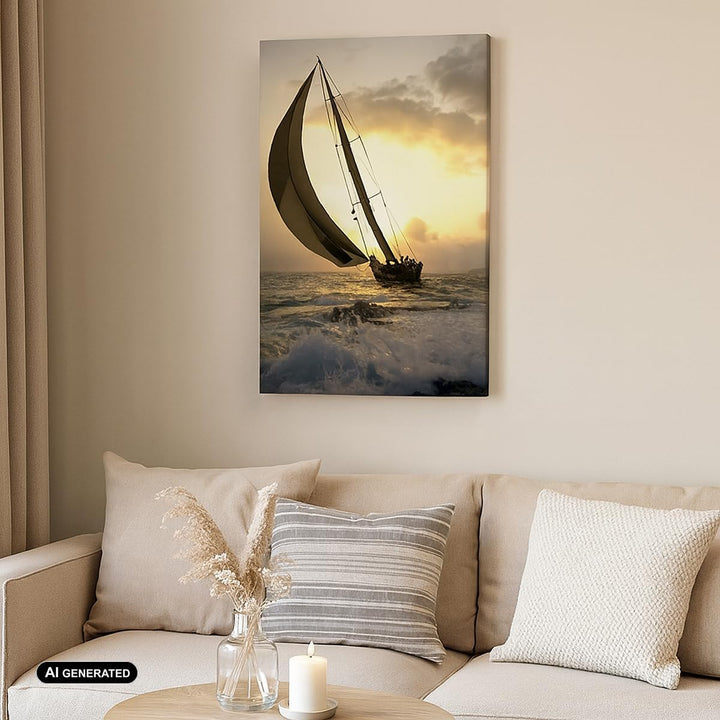 Bilder auf Leinwand Schiff Sonnenuntergang Sonne Landschaft Leinwandbild mit Rahmen 45x80cm Wandbild