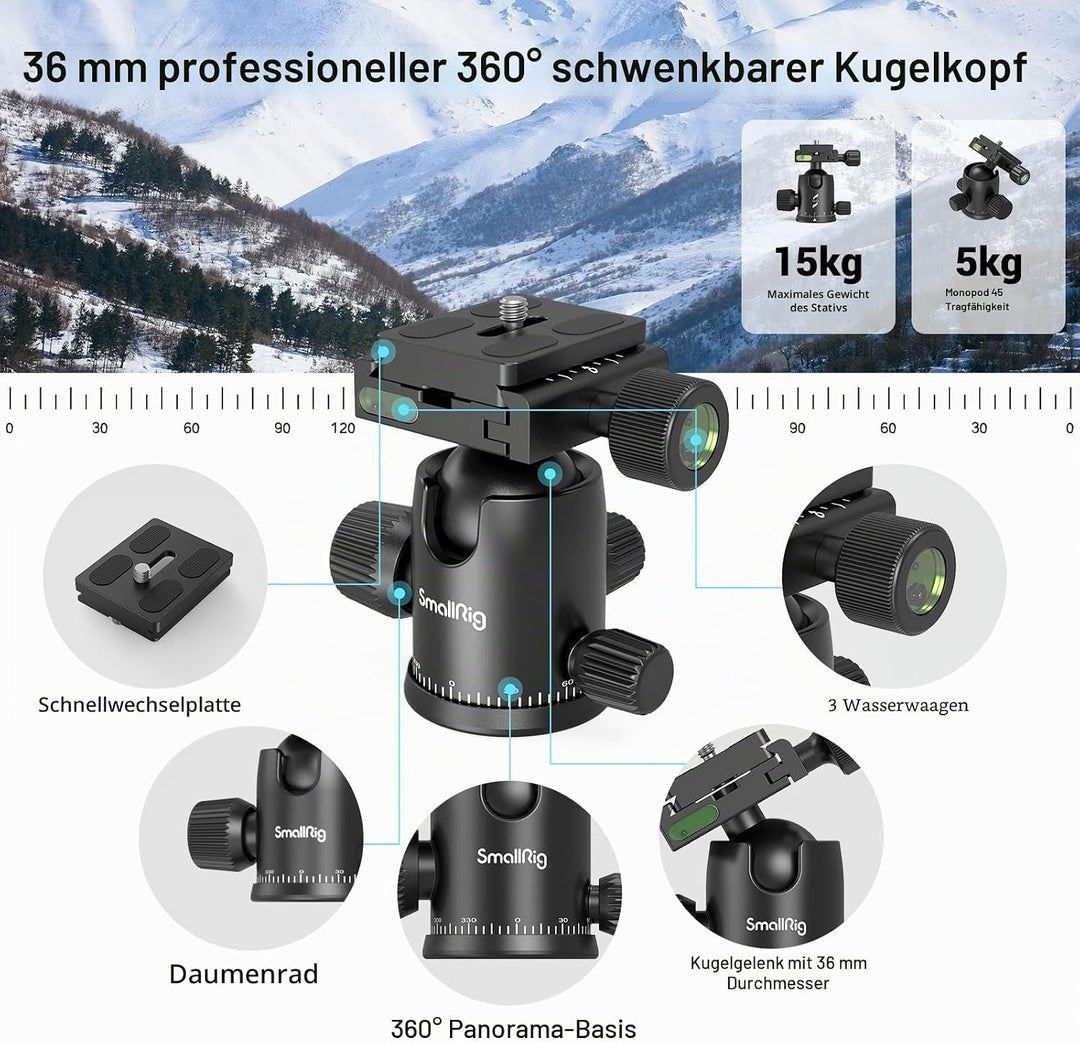 SMALLRIG 71" Kamera-Stativ, faltbares Aluminium-Stativ Einbeinstativ, 360°Kugelkopf abnehmbar und Sc