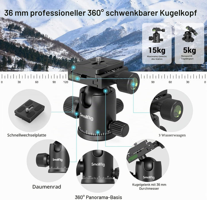 SMALLRIG 71" Kamera-Stativ, faltbares Aluminium-Stativ Einbeinstativ, 360°Kugelkopf abnehmbar und Sc
